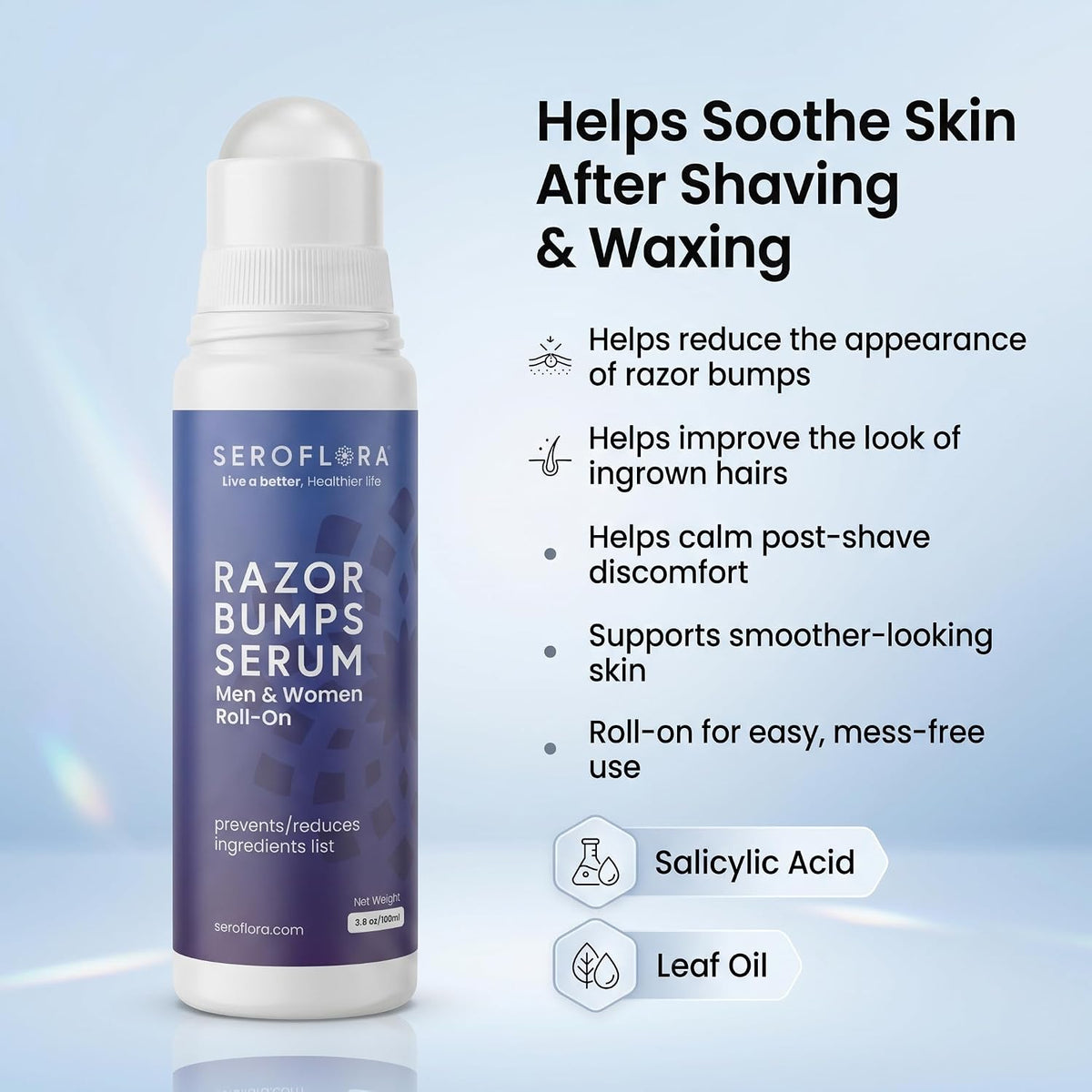 Ingrown Hair & Razor Bump Roll on for Men & Women, Bikini Area, Face, Legs & Body, after Shave & Waxing Serum, 3.5 Fl Oz